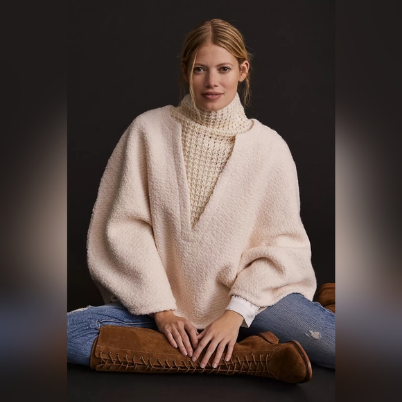 Anthropologie Textured Wool Blend Cream Poncho Sweater - Picture 1 of 9